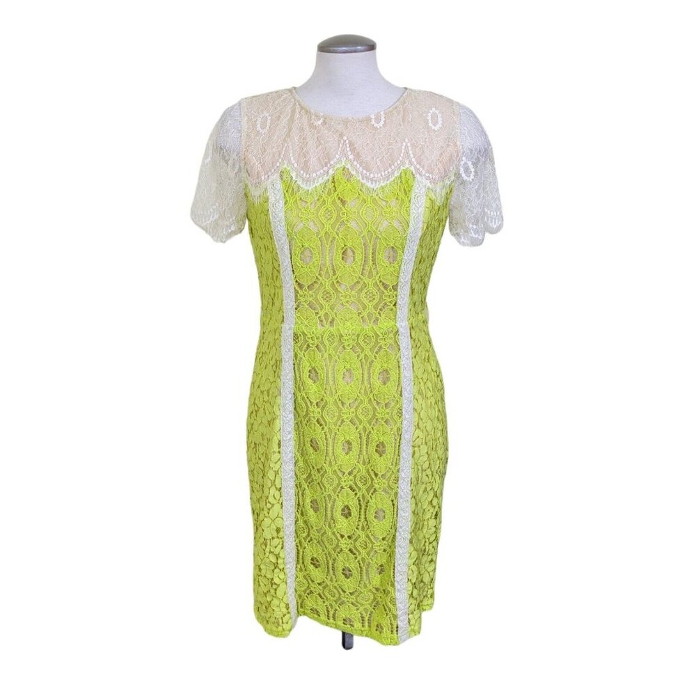 Anthropologie Champagne and Strawberries Dress Large Yellow Sheath Lace Romantic